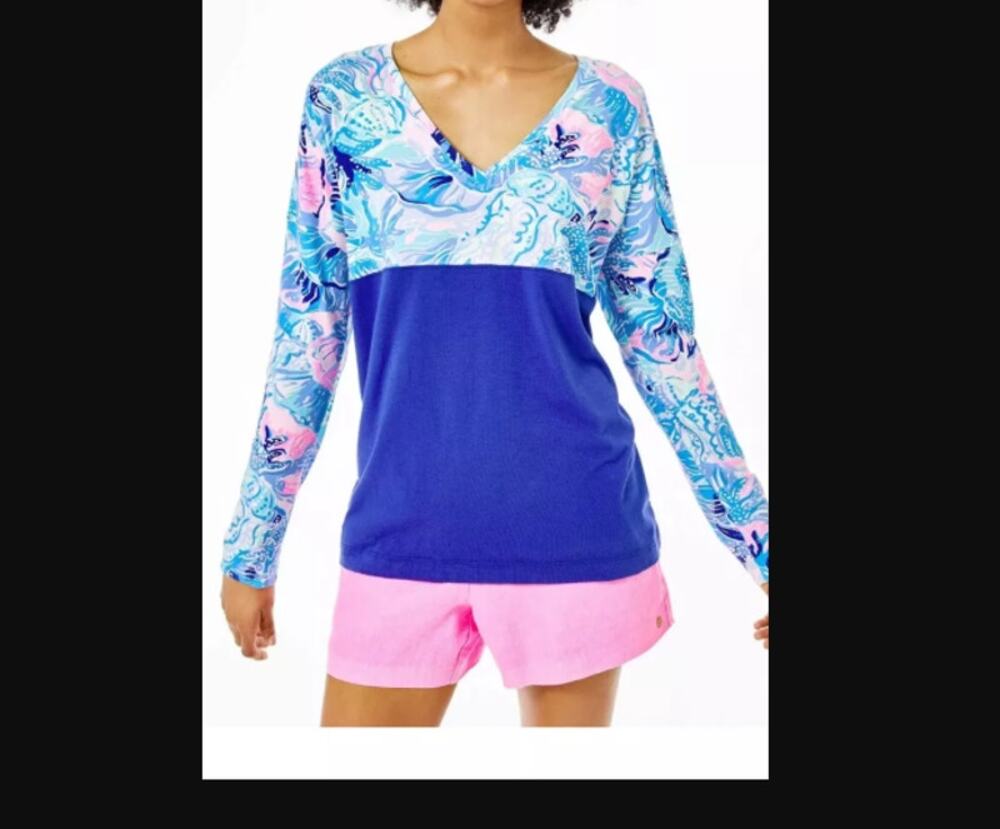 Lilly Pulitzer LARGE Long sleeve Shirt Finn V Neck Top Blue Shade Seekers